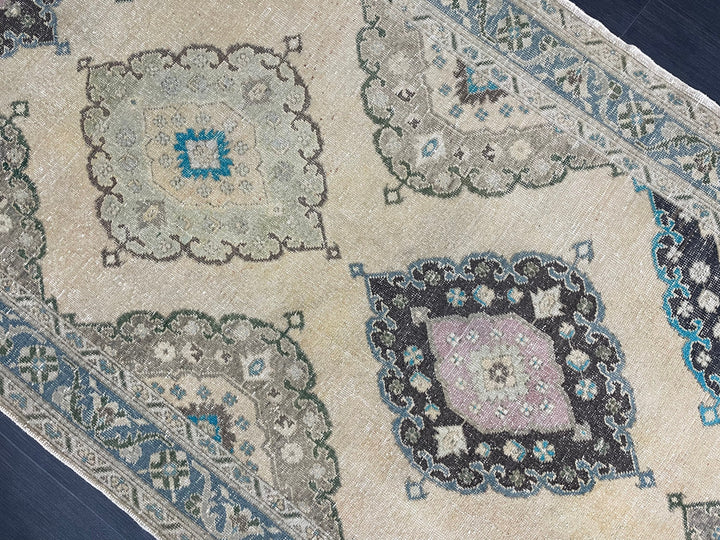 Beige Turkish Runner Rug 4' 10" x 13' 10" Hand-Knotted field