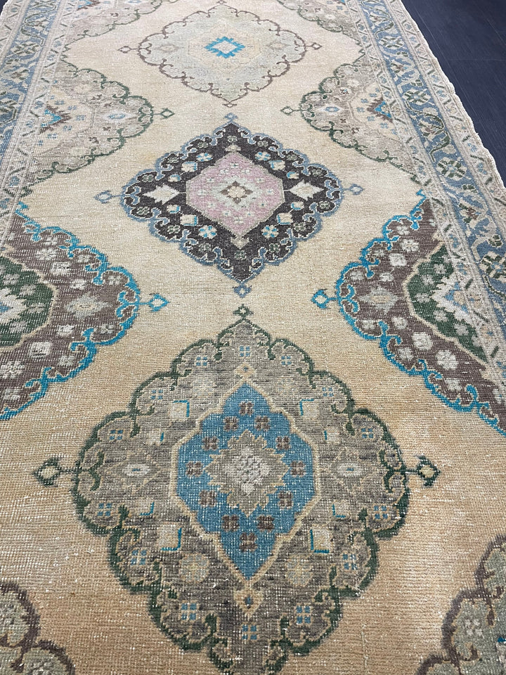 Beige Turkish Runner Rug 4' 10" x 13' 10" Hand-Knotted reverse