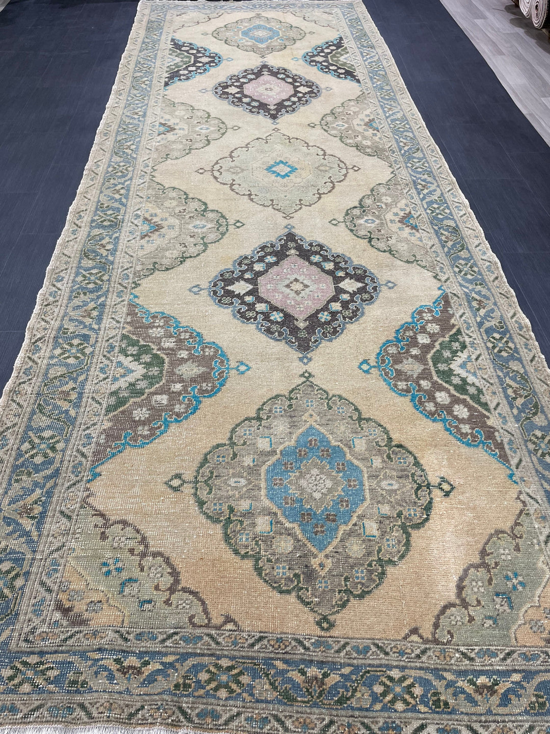 Beige Turkish Runner Rug 4' 10" x 13' 10" Hand-Knotted view 9