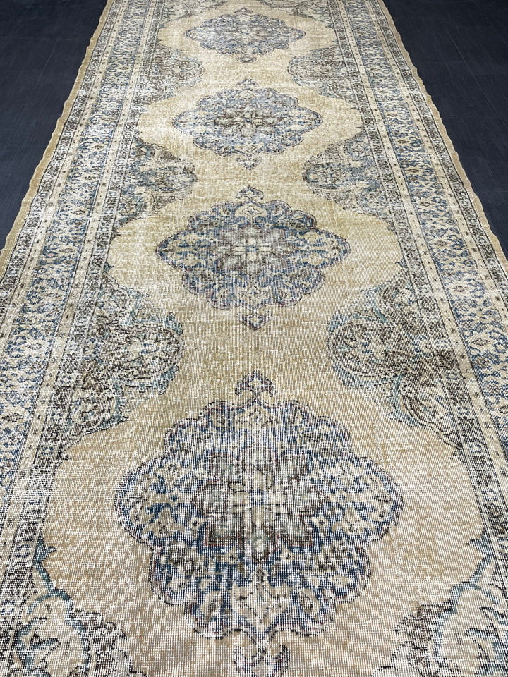 Beige Turkish Runner Rug 5' x 12' 11" Hand-Knotted pattern