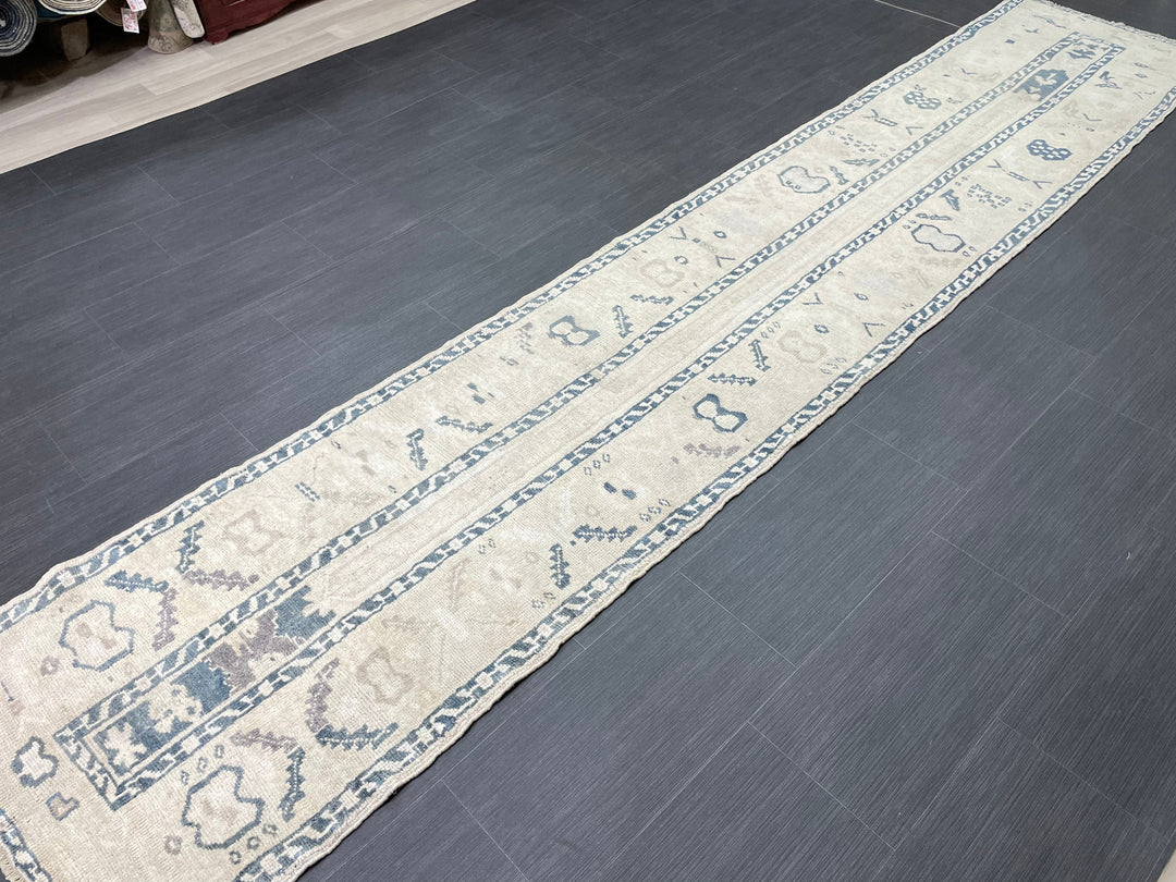 Beige Turkish Runner Rug 2' 4" x 11' 8" Hand-Knotted close-up