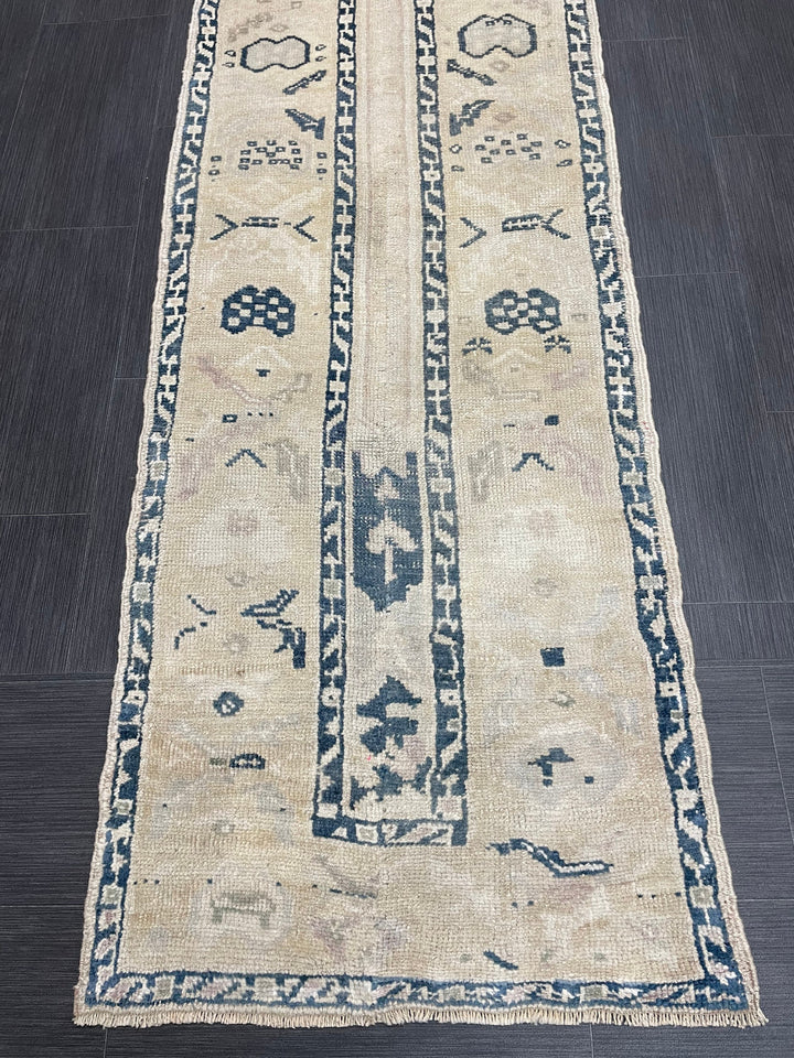 Beige Turkish Runner Rug 2' 4" x 11' 8" Hand-Knotted reverse