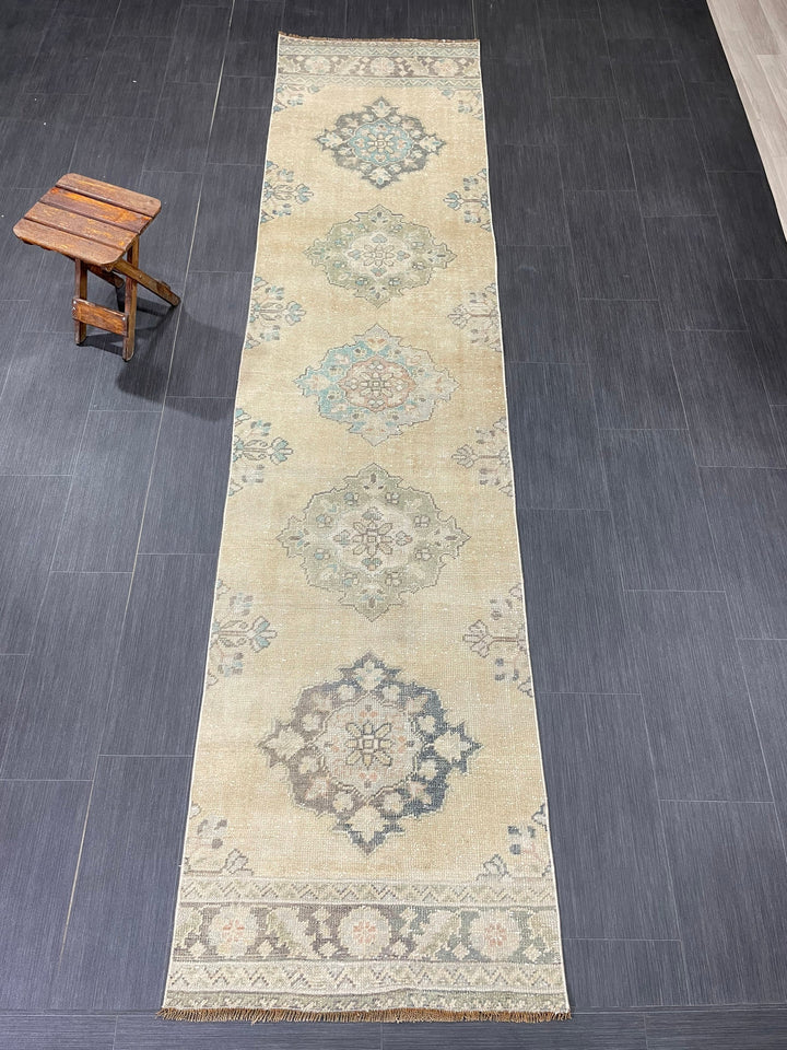Beige Turkish Runner Rug 2' 6" x 10' 6" Hand-Knotted border