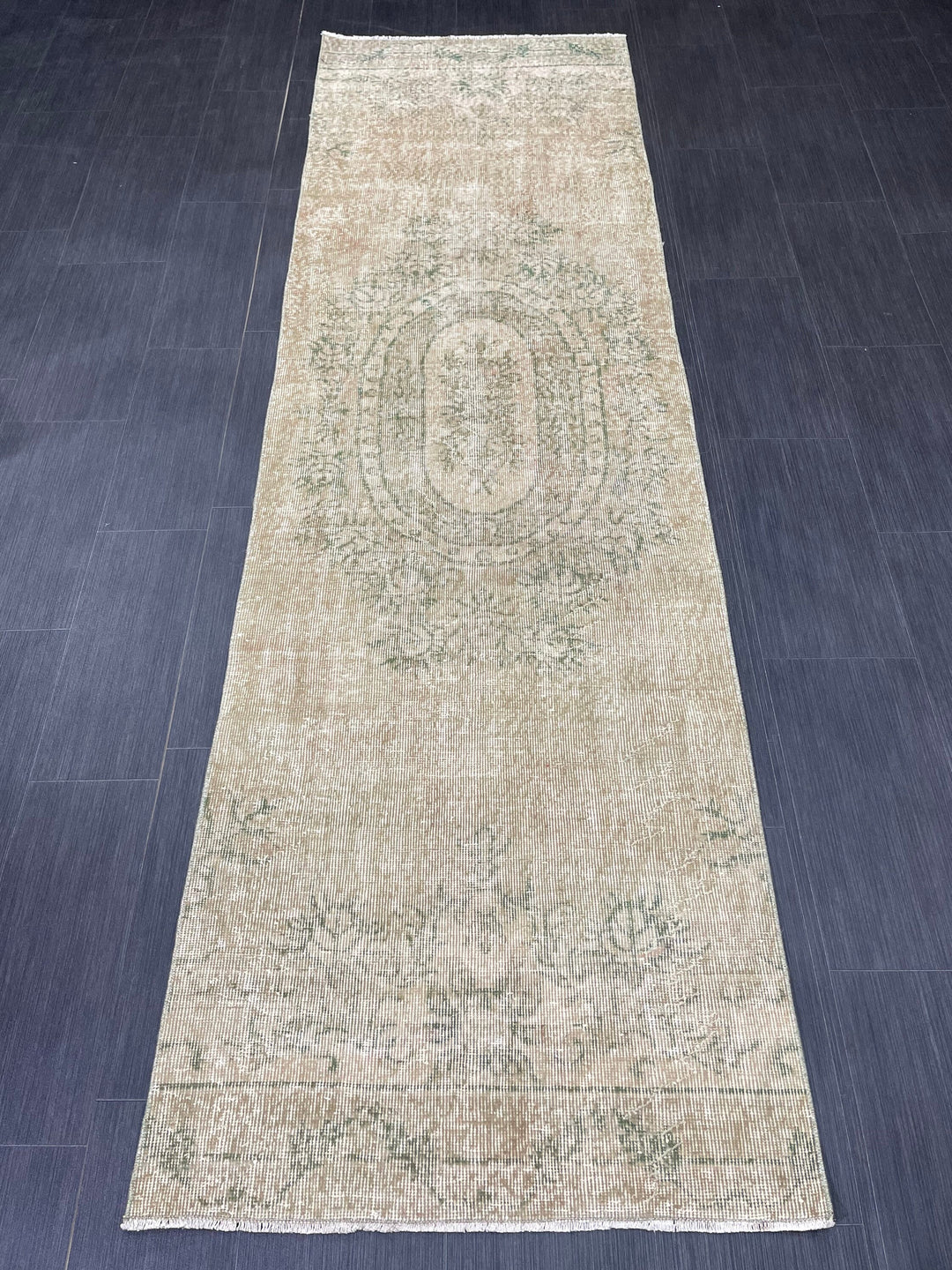 Green Turkish Runner Rug 2' 9" x 9' 4" Hand-Knotted reverse