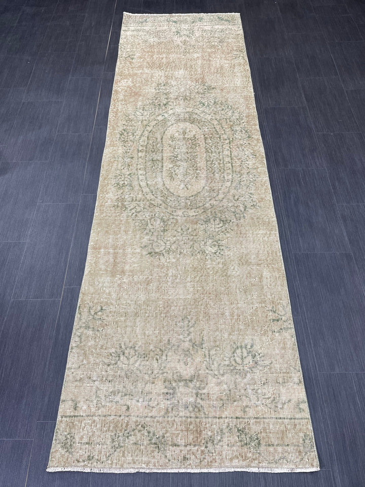 Green Turkish Runner Rug 2' 9" x 9' 4" Hand-Knotted reverse