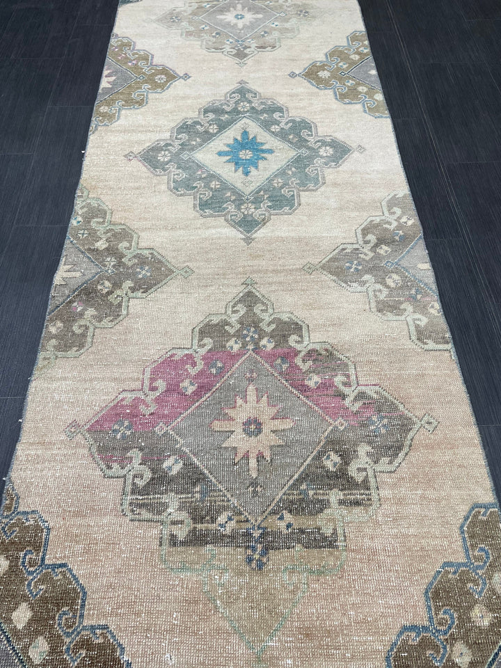 Beige Turkish Runner Rug 2' 11" x 12' 8" Hand-Knotted field