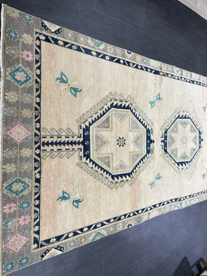 Beige Turkish Runner Rug 4' 6" x 11' Hand-Knotted field