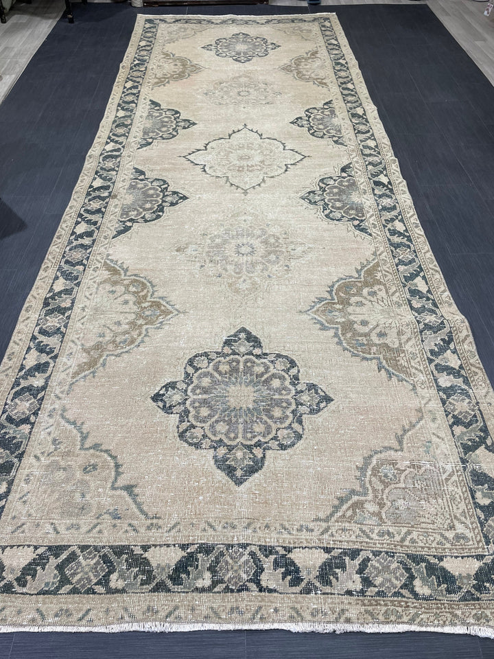 Beige Turkish Runner Rug 5' x 13' 6" Hand-Knotted field