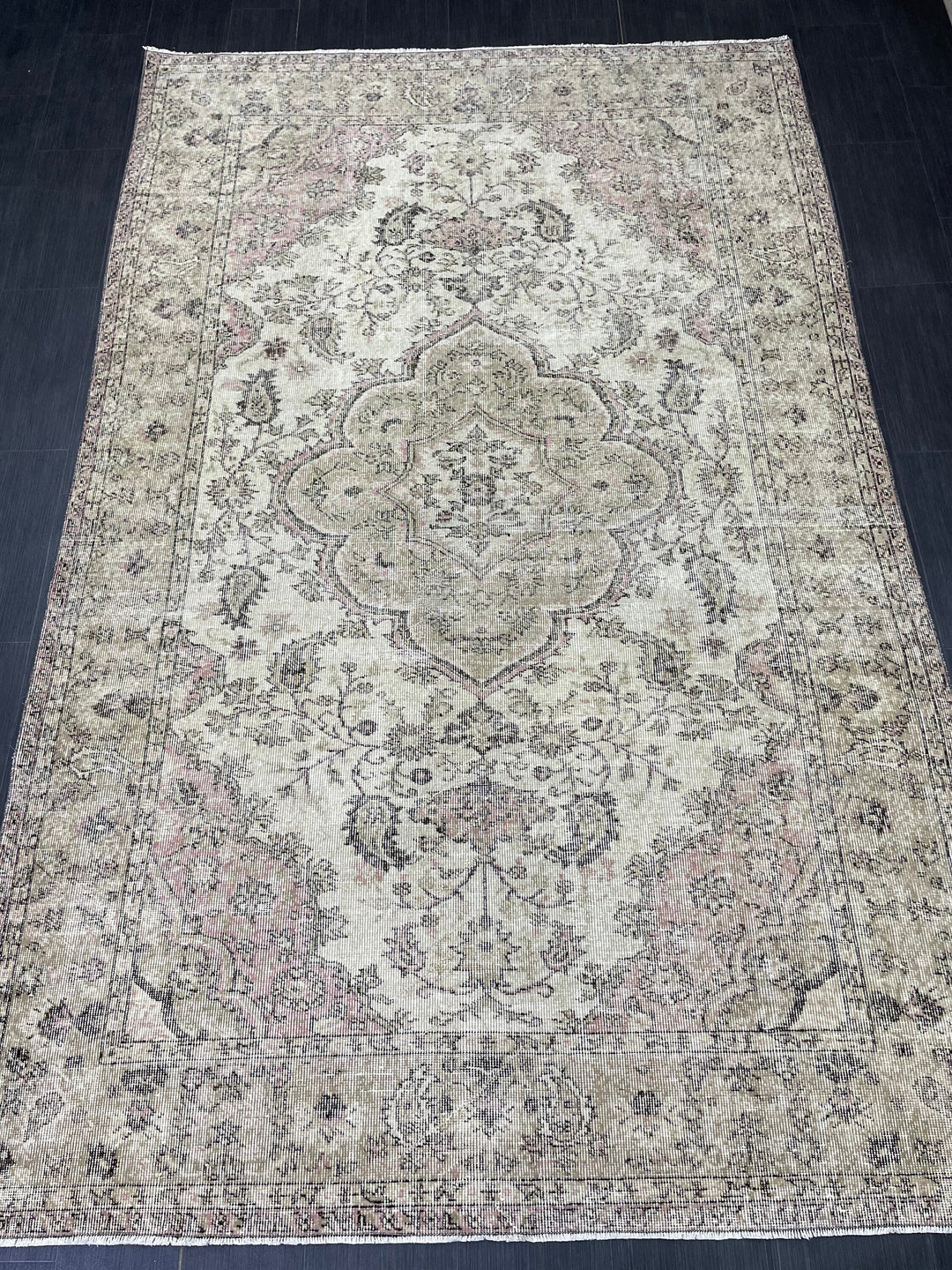Beige Turkish Runner Rug 6' 3" x 9' 9" Hand-Knotted close-up