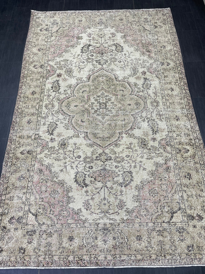 Beige Turkish Runner Rug 6' 3" x 9' 9" Hand-Knotted close-up