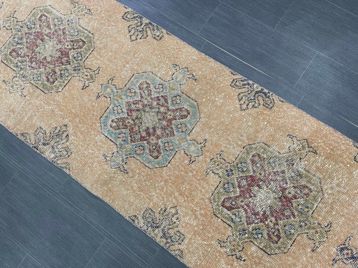 Beige Turkish Distressed Runner Rug 2' 7" x 11' 4" Hand-Knotted | No. WR89822
