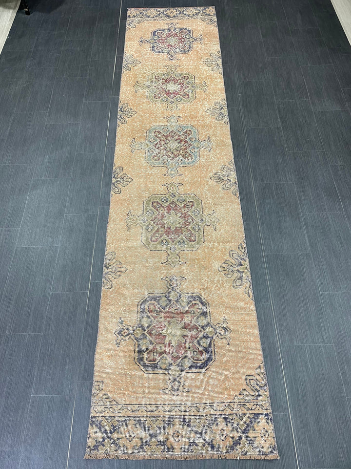 Beige Turkish Distressed Runner Rug 2' 7" x 11' 4" Hand-Knotted | No. WR89822