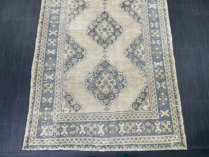 Beige Turkish Runner Rug 4' 2" x 10' 11" Hand-Knotted pattern