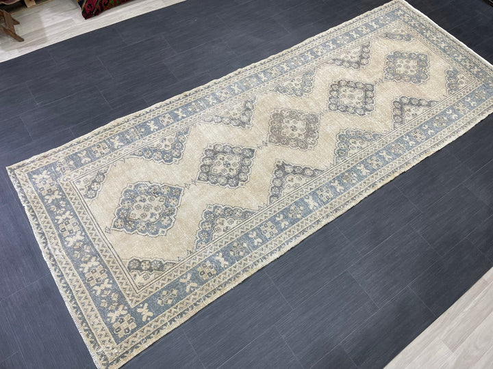 Beige Turkish Runner Rug 4' 2" x 10' 11" Hand-Knotted field