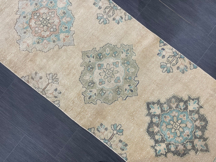 Beige Turkish Runner Rug 2' 6" x 10' 6" Hand-Knotted reverse