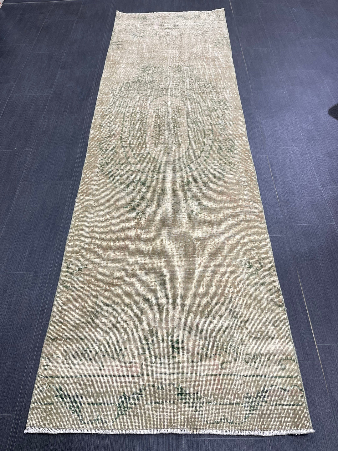 Green Turkish Runner Rug 2' 9" x 9' 4" Hand-Knotted pattern