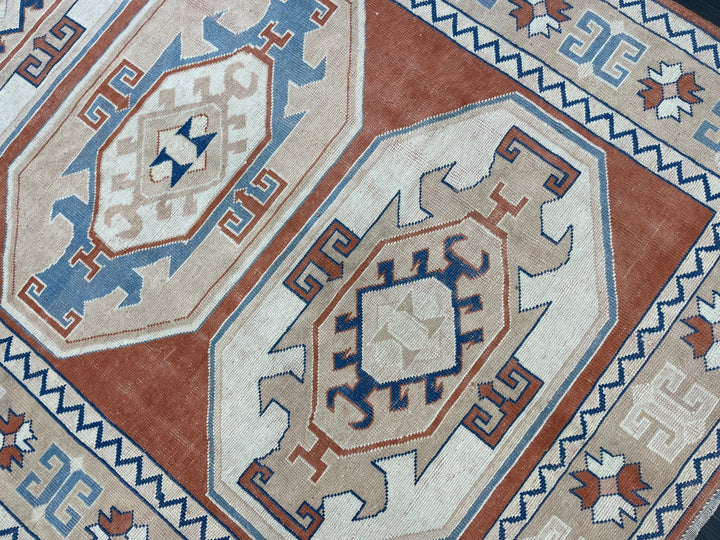 Orange Turkish Runner Rug 5' 11" x 8' 5" Hand-Knotted close-up