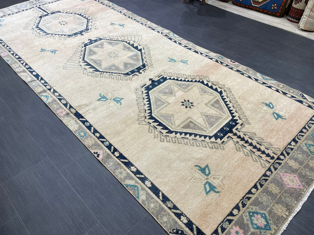 Beige Turkish Runner Rug 4' 6" x 11' Hand-Knotted reverse