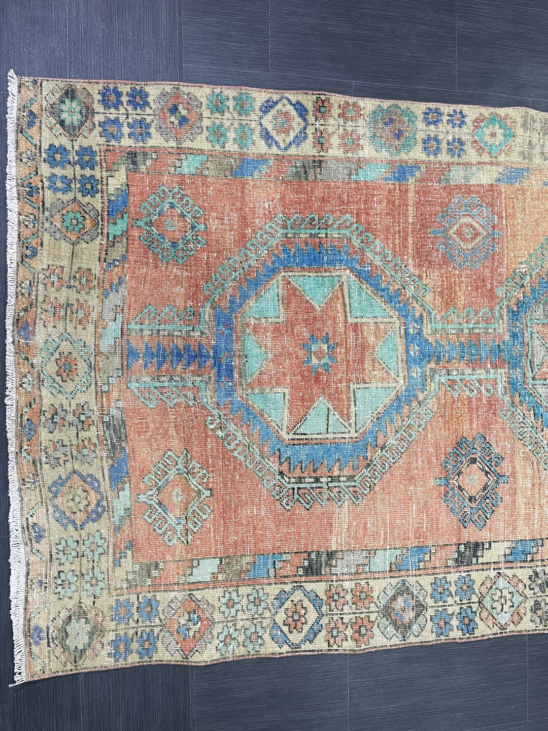Beige Turkish Runner Rug 4' 7" x 12' 6" Hand-Knotted close-up