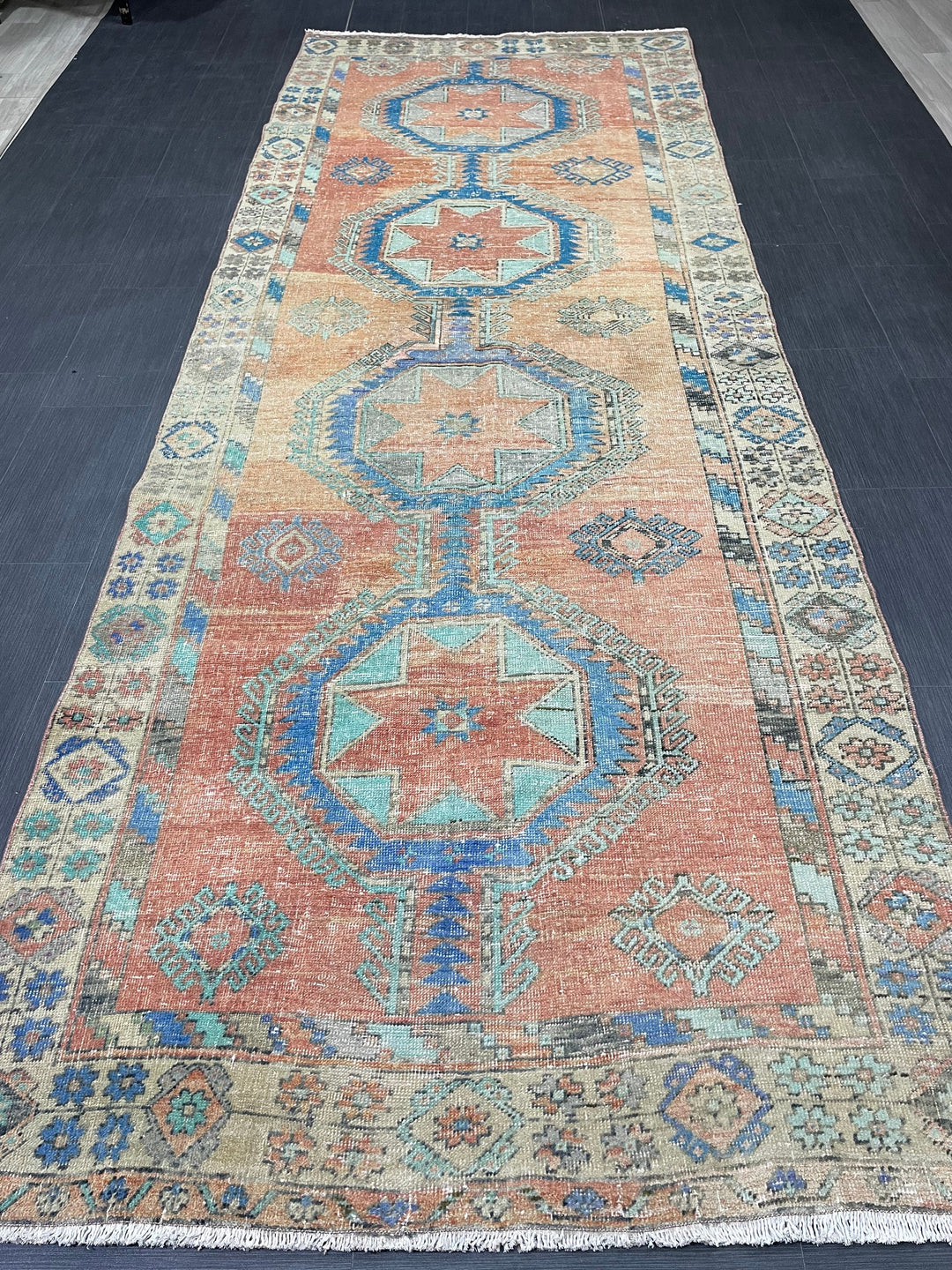 Beige Turkish Runner Rug 4' 7" x 12' 6" Hand-Knotted texture