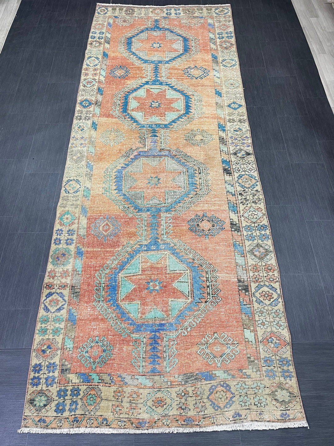 Beige Turkish Runner Rug 4' 7" x 12' 6" Hand-Knotted reverse