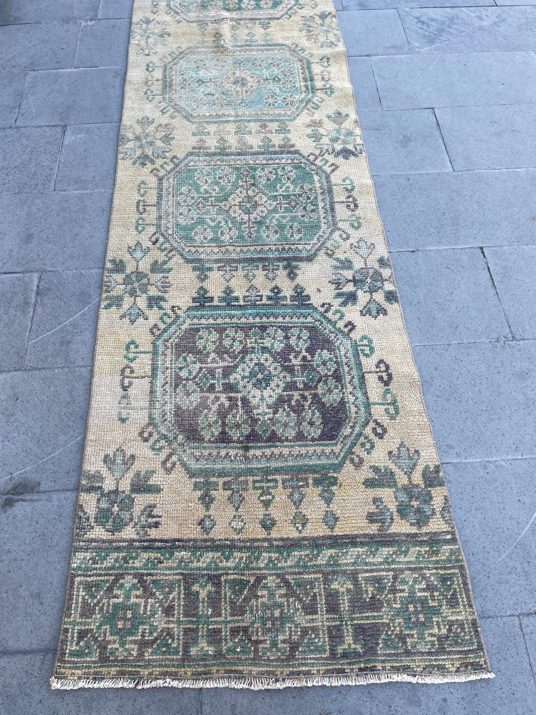Beige Turkish Runner Rug 2' 7" x 19' 8" Hand-Knotted border