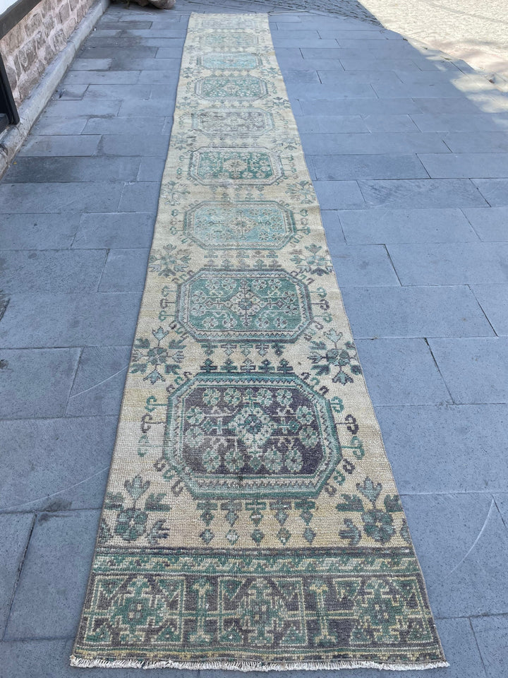 Beige Turkish Runner Rug 2' 7" x 19' 8" Hand-Knotted reverse