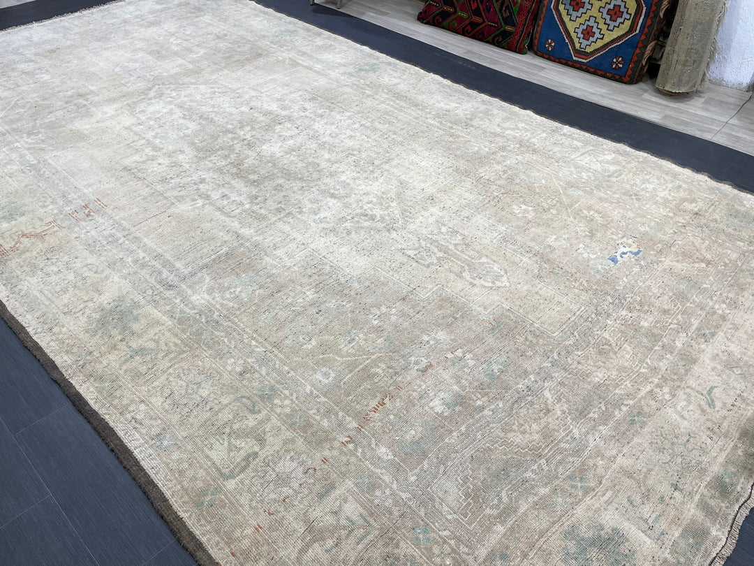 Beige Turkish Runner Rug 7' 4" x 13' 5" Hand-Knotted reverse