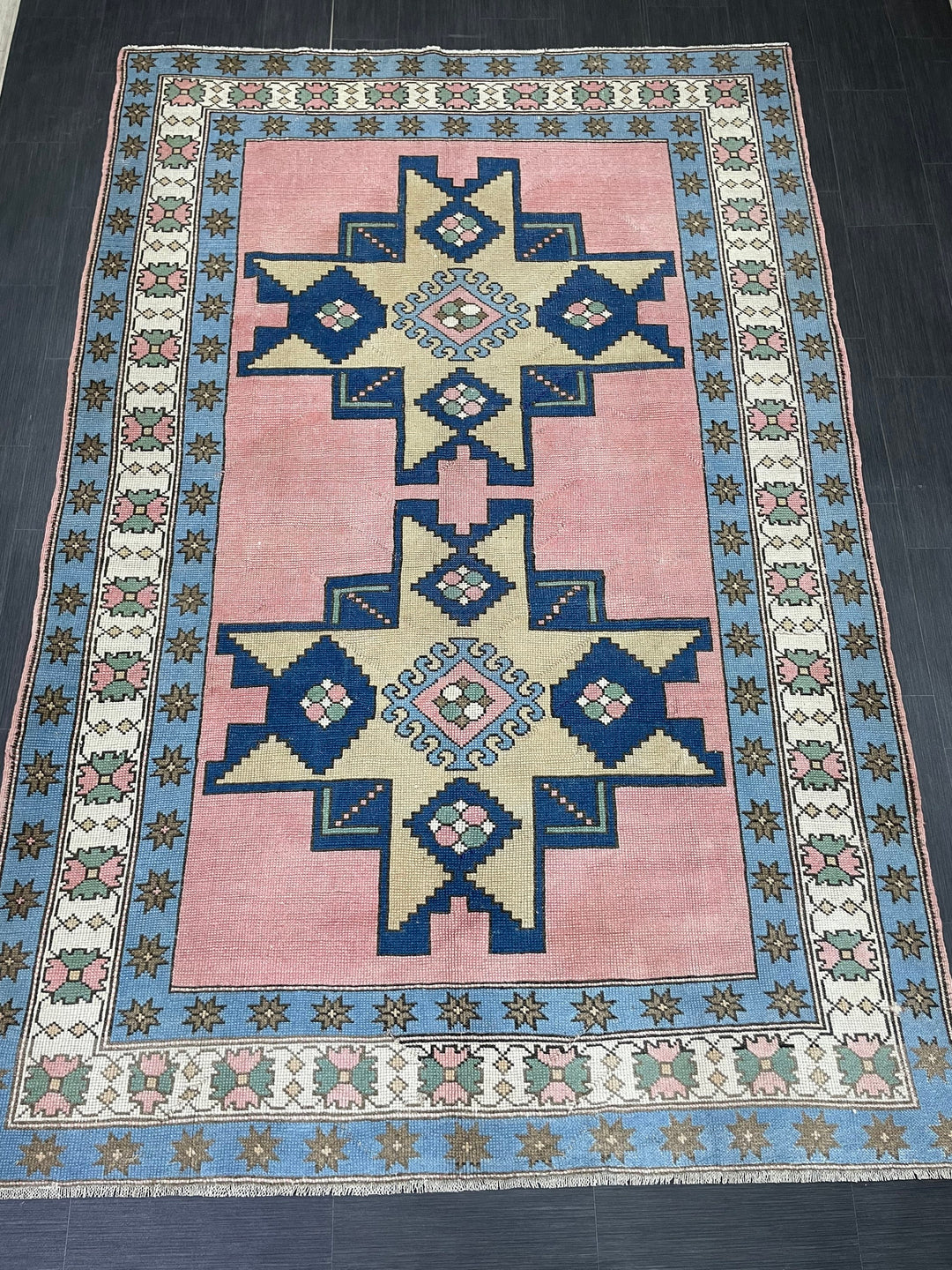 Blue Turkish Vintage Rug 6' 8" x 9' 10" Hand-Knotted view 9