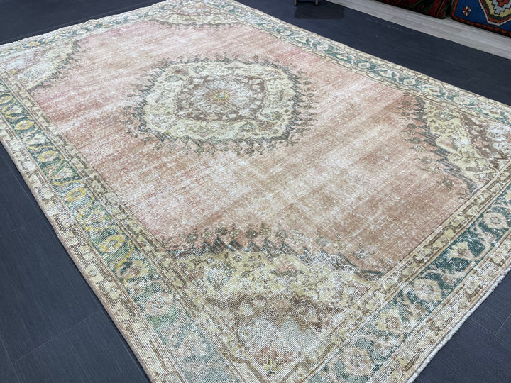 Beige Turkish Oushak Rug 6' 3" x 9' 5" Hand-Knotted close-up