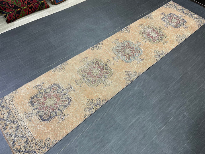 Beige Turkish Distressed Runner Rug 2' 7" x 11' 4" Hand-Knotted | No. WR89822