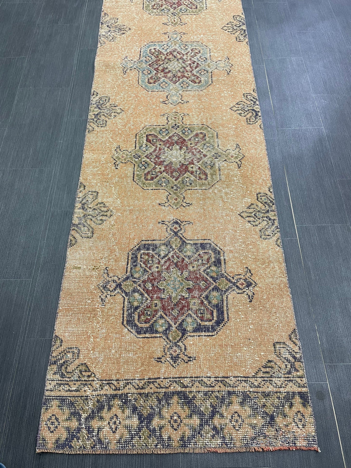 Beige Turkish Distressed Runner Rug 2' 7" x 11' 4" Hand-Knotted | No. WR89822