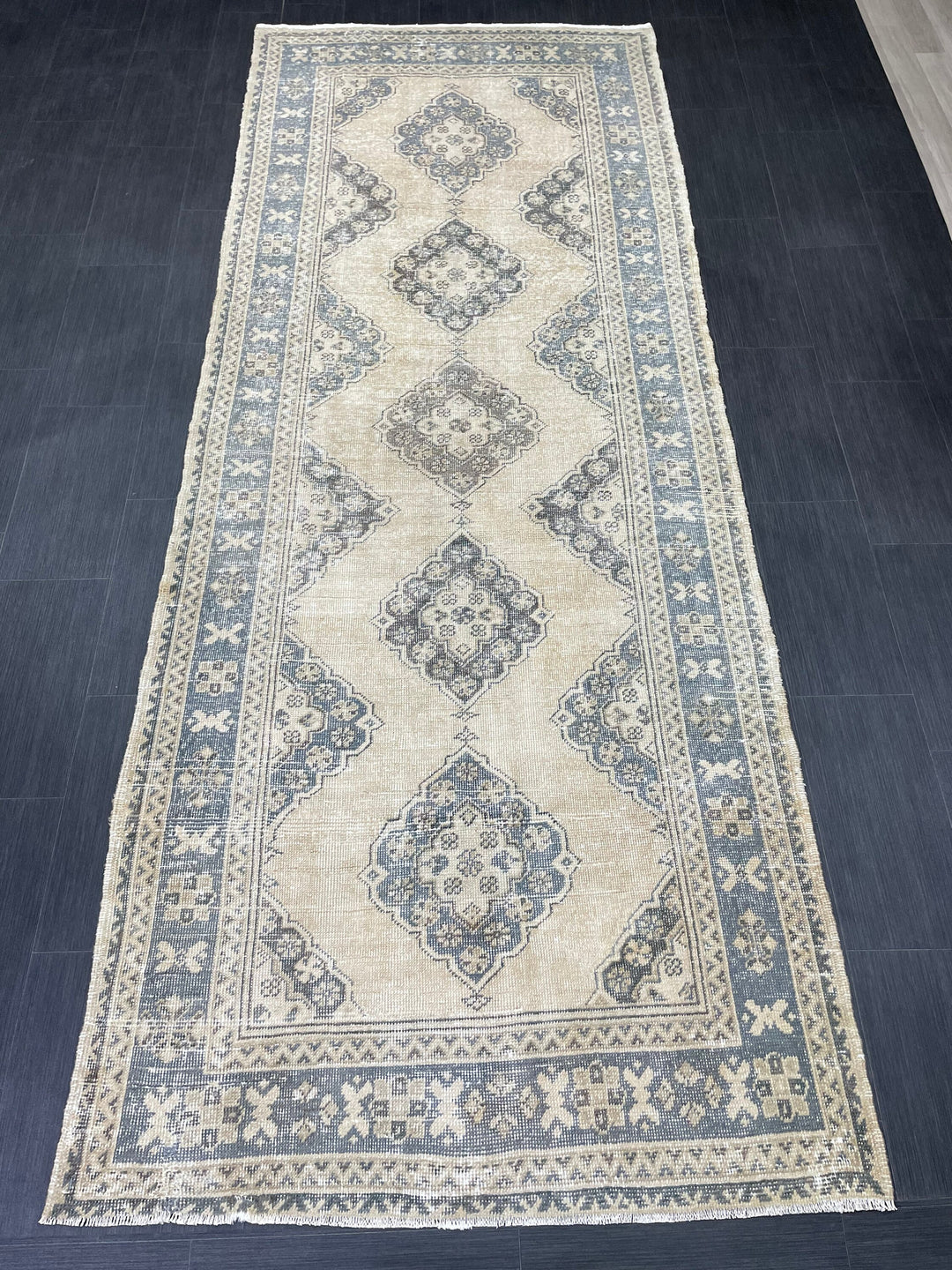 Beige Turkish Runner Rug 4' 2" x 10' 11" Hand-Knotted close-up