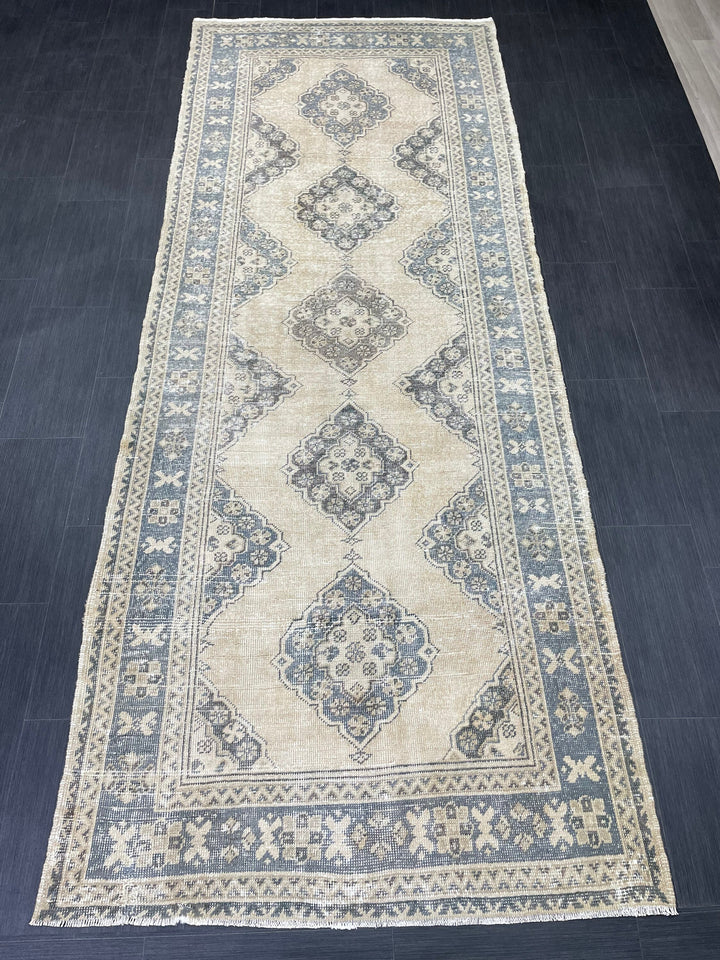 Beige Turkish Runner Rug 4' 2" x 10' 11" Hand-Knotted close-up