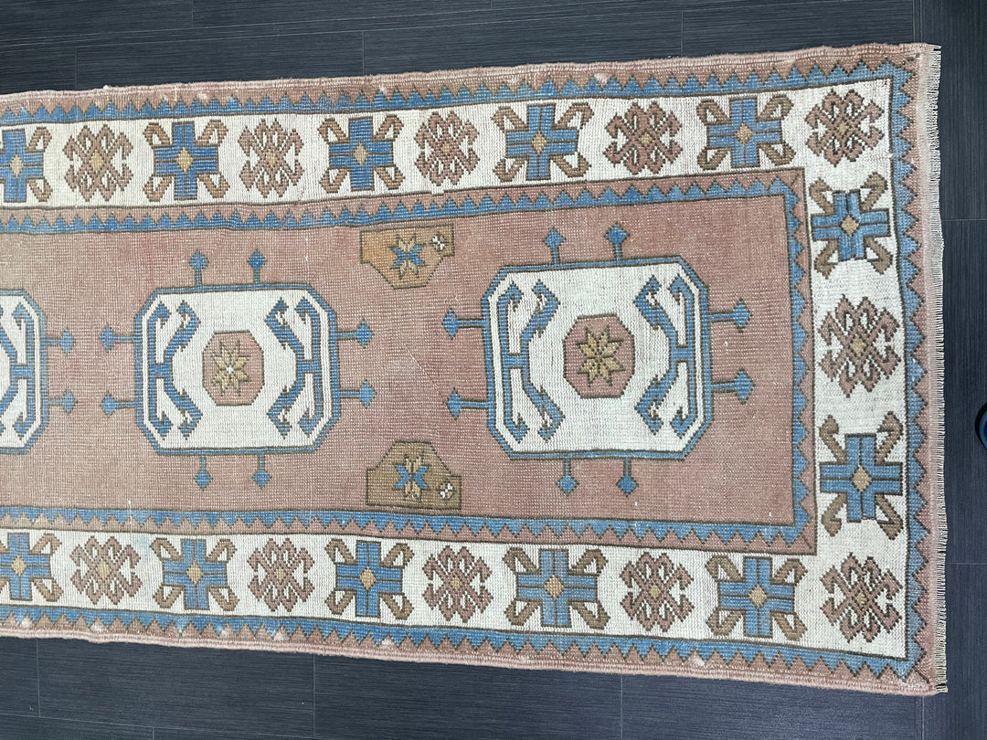 Beige Turkish Runner Rug 3' 1" x 10' 4" Hand-Knotted field