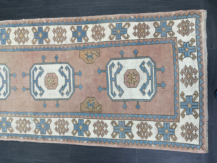 Beige Turkish Runner Rug 3' 1" x 10' 4" Hand-Knotted field