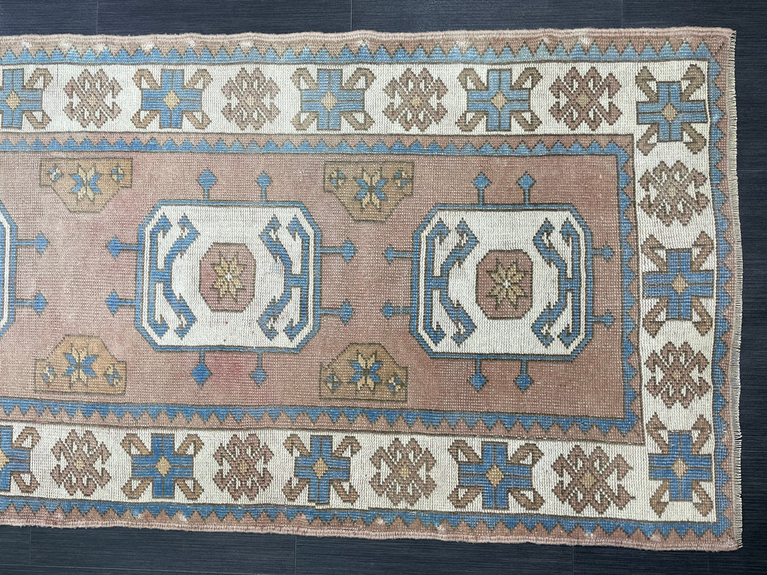 Beige Turkish Runner Rug 3' 1" x 10' 4" Hand-Knotted texture