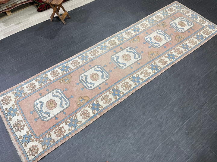 Beige Turkish Runner Rug 3' 1" x 10' 4" Hand-Knotted reverse