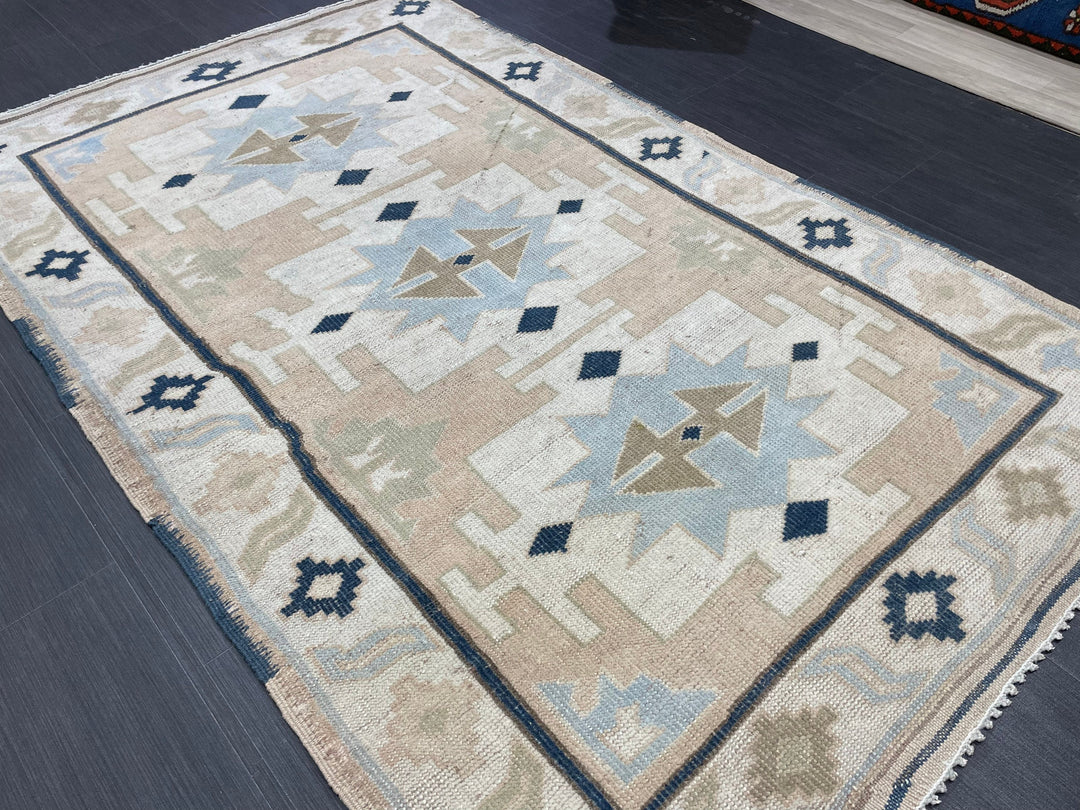 Beige Turkish Oushak Rug 4' 4" x 6' 10" Hand-Knotted