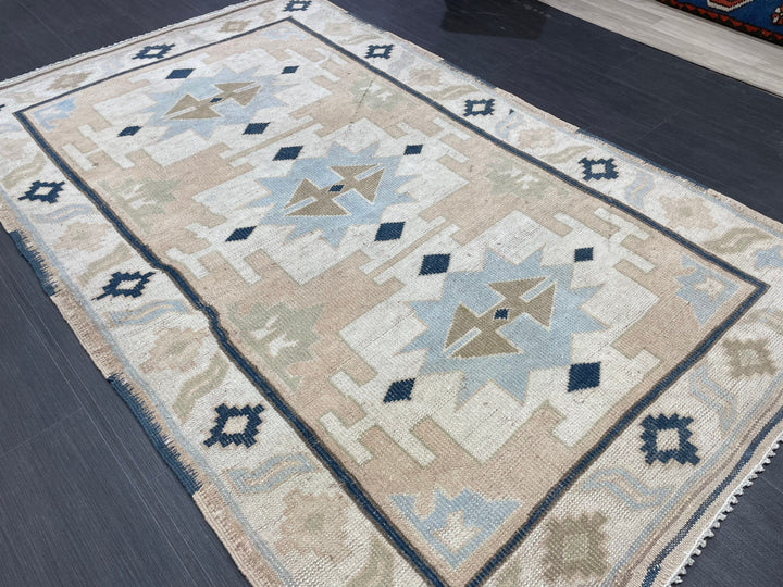 Beige Turkish Oushak Rug 4' 4" x 6' 10" Hand-Knotted