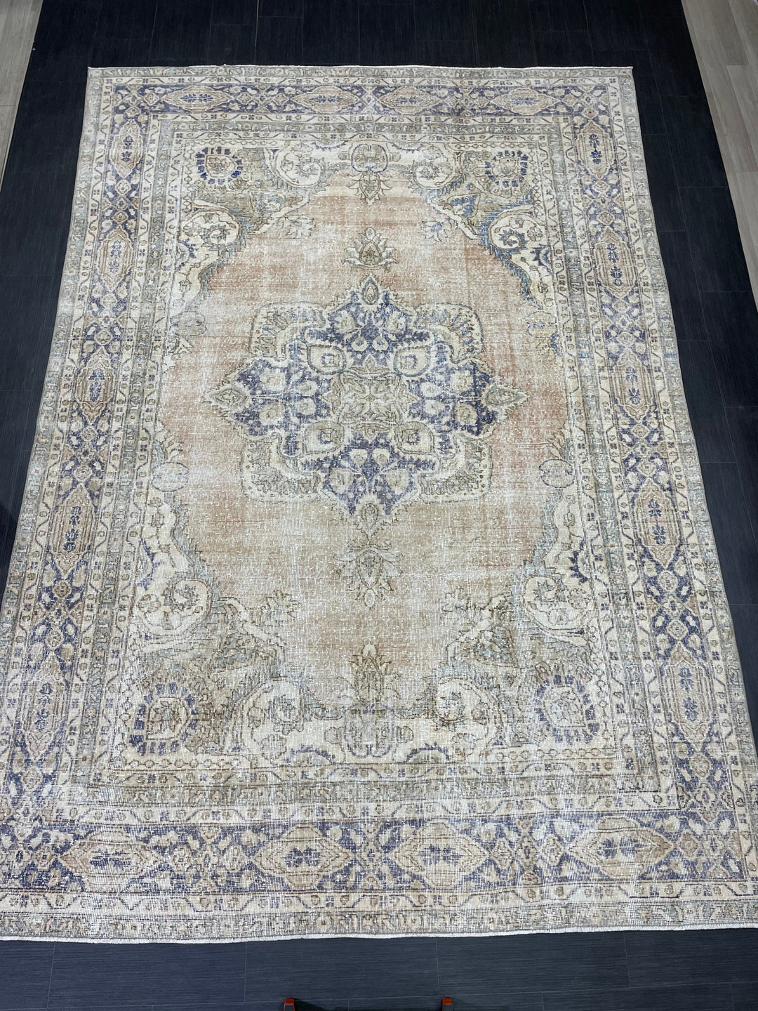 Beige Turkish Oushak Rug 7' 5" x 10' 8" Hand-Knotted close-up