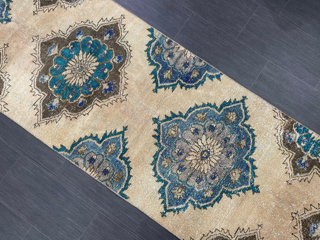 Beige Turkish Distressed Runner Rug 2' 9" x 12' 5" Hand-Knotted | No. WR49870