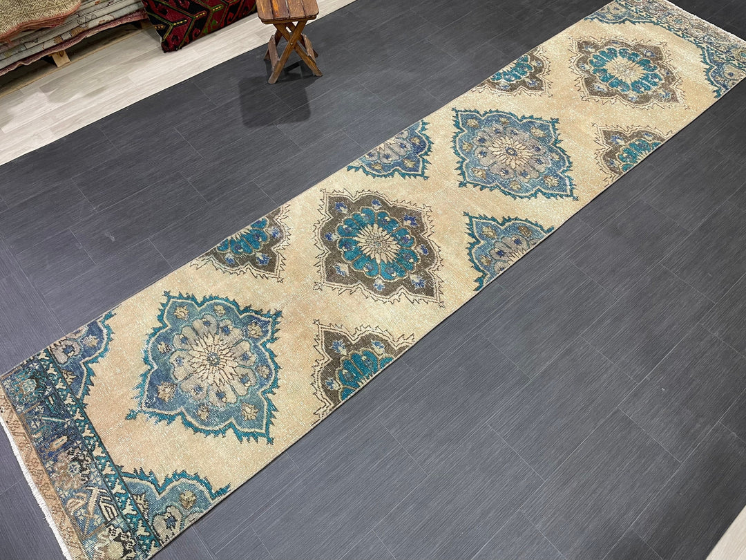 Beige Turkish Distressed Runner Rug 2' 9" x 12' 5" Hand-Knotted | No. WR49870