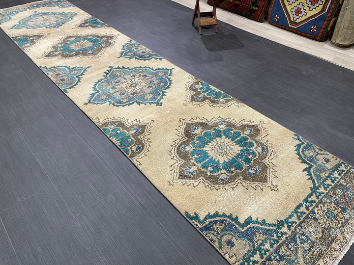 Beige Turkish Distressed Runner Rug 2' 9" x 12' 5" Hand-Knotted | No. WR49870