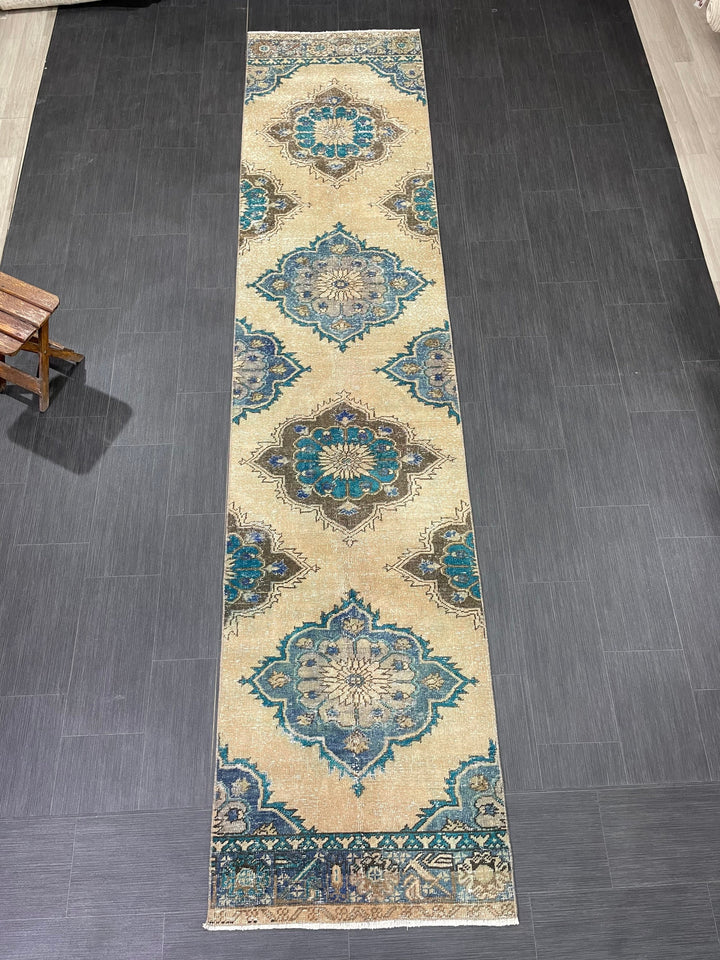 Beige Turkish Distressed Runner Rug 2' 9" x 12' 5" Hand-Knotted | No. WR49870