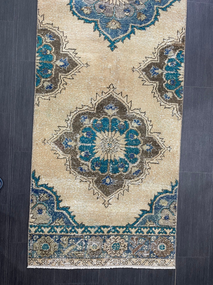 Beige Turkish Distressed Runner Rug 2' 9" x 12' 5" Hand-Knotted | No. WR49870