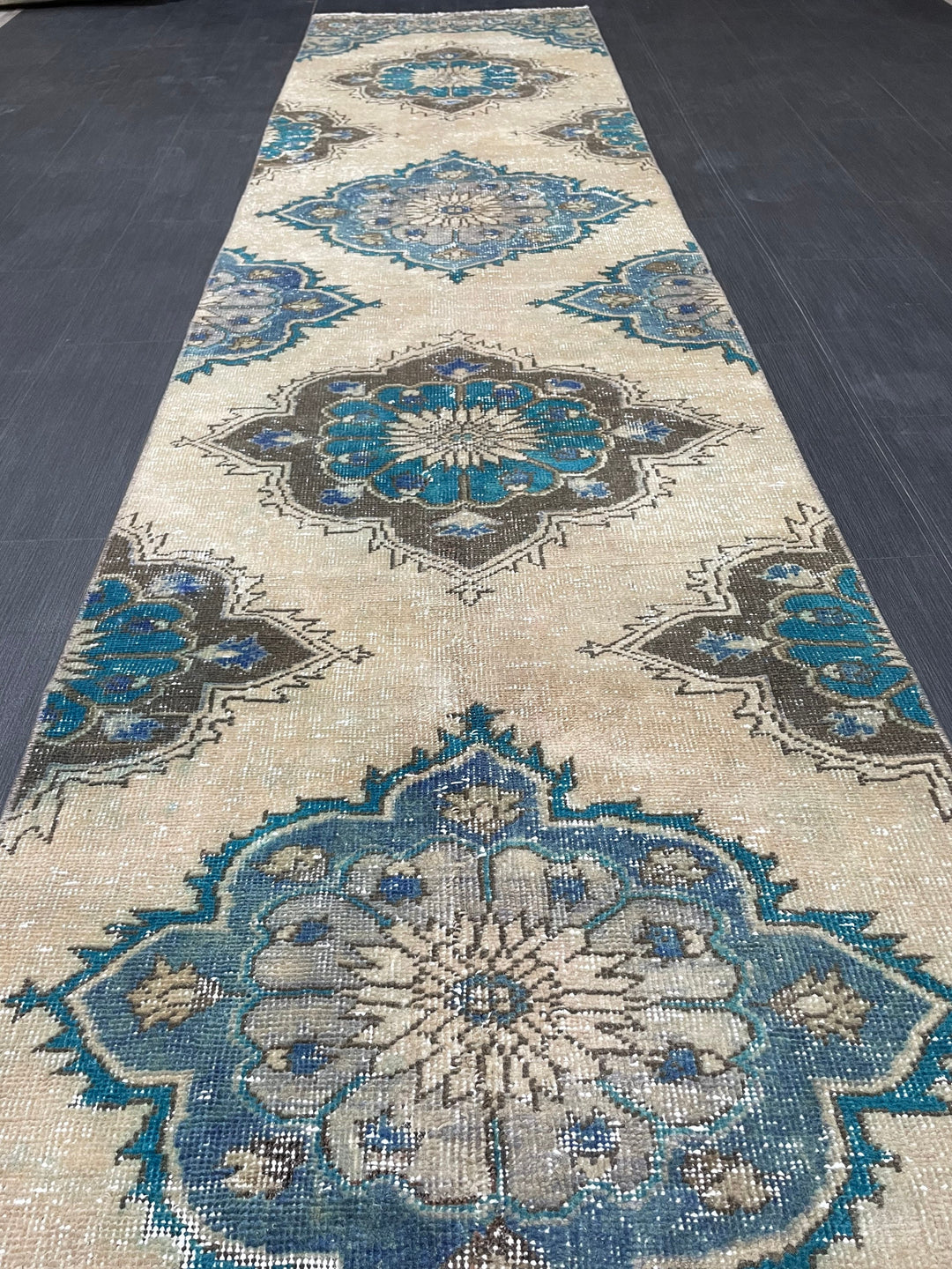Beige Turkish Distressed Runner Rug 2' 9" x 12' 5" Hand-Knotted | No. WR49870