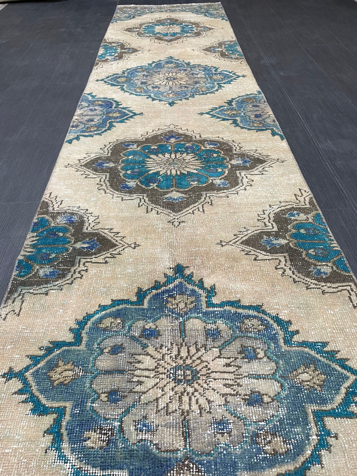 Beige Turkish Distressed Runner Rug 2' 9" x 12' 5" Hand-Knotted | No. WR49870