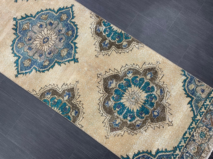 Beige Turkish Distressed Runner Rug 2' 9" x 12' 5" Hand-Knotted | No. WR49870