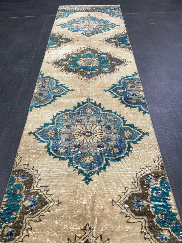 Beige Turkish Distressed Runner Rug 2' 9" x 12' 5" Hand-Knotted | No. WR49870